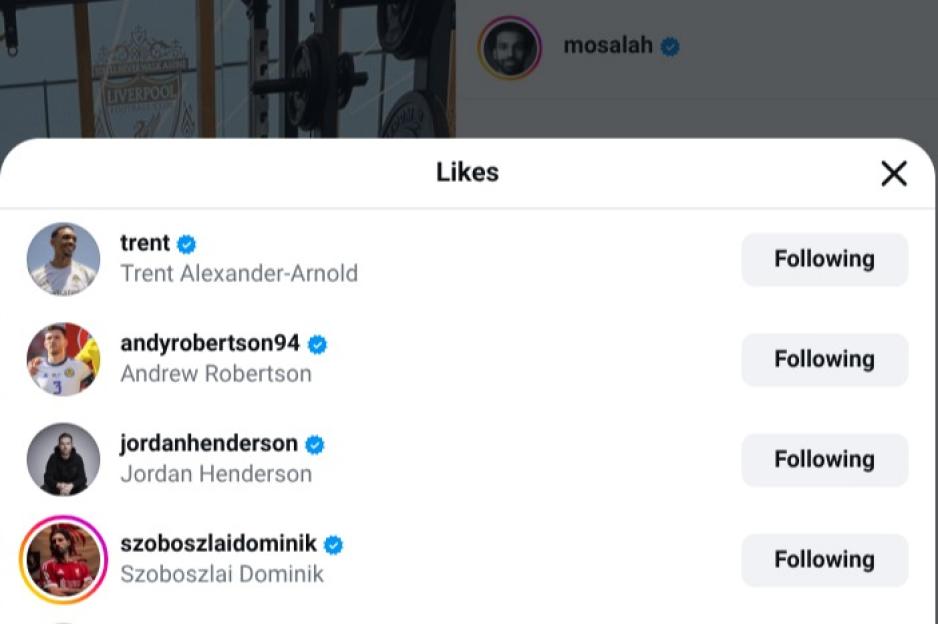 An Instagram post from "mosalah" showing a gym, with a pop-up window listing users who liked the post. The listed users include "trent", "andyrobertson94", "jordanhenderson", and "szoboszlaidominik".