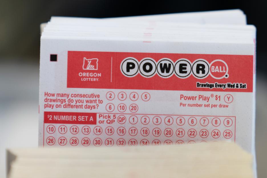 Close-up of Powerball lottery tickets from the Oregon Lottery.