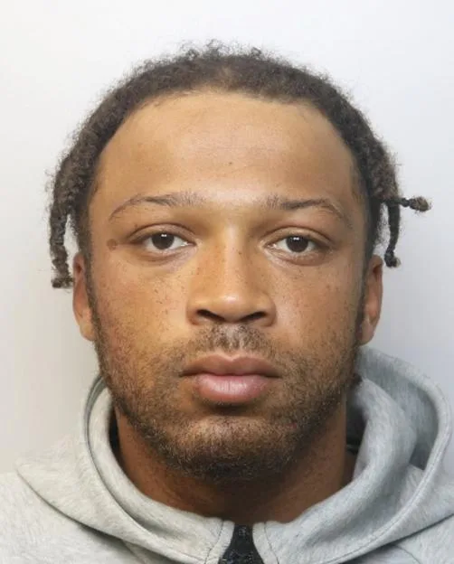 Mugshot of Kayin Holmes, a man with a short beard and hair styled in braids, wearing a gray hooded sweatshirt.
