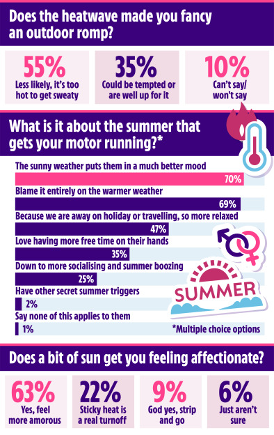 An illustration showing survey results about sex and summer, including responses to "Does the heatwave make you fancy an outdoor romp?" and "What is it about the summer that gets your motor running?"