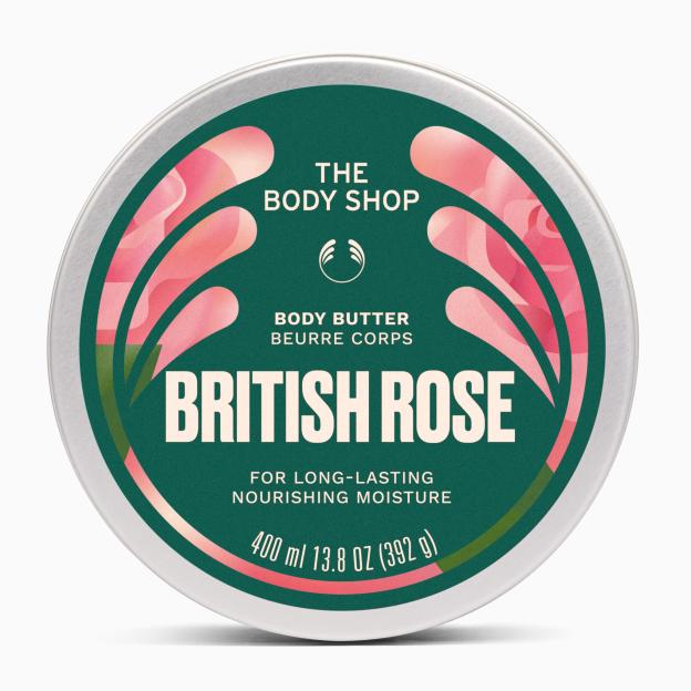 The Body Shop British Rose Body Butter in a round metal tin with a dark green label featuring pink rose petals.