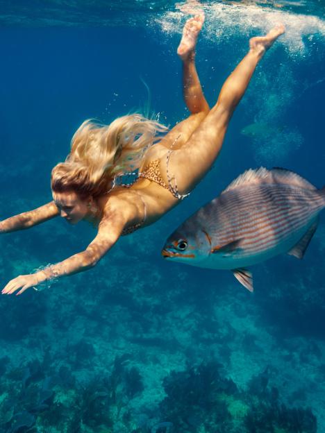 A blonde woman in a bikini swimming underwater next to a fish.
