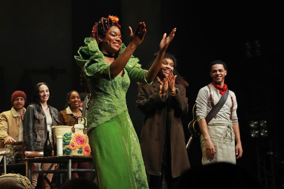 Rachel Adedeji, Bethany Antonia, and Marley Fenton bowing at the curtain call for the gala performance of "Hadestown".
