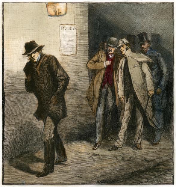 Wood engraving of a suspicious man walking past three members of a Vigilance Committee.