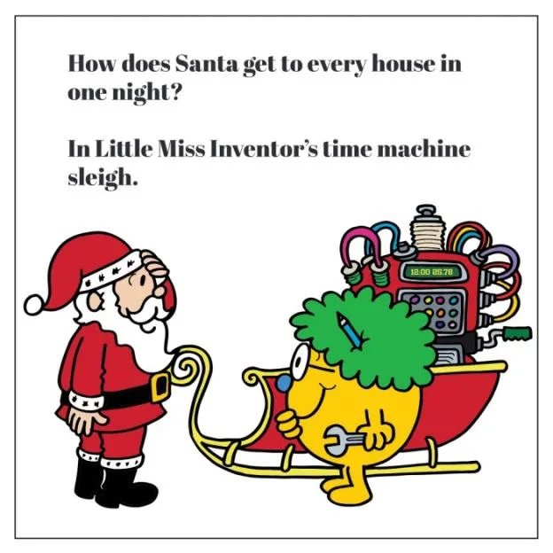 Illustration of Santa Claus looking at Little Miss Inventor, who is standing next to a sleigh with a time machine attached.