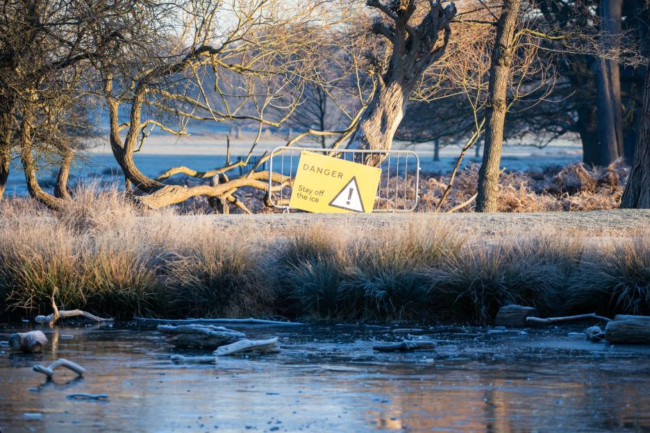 A yellow "DANGER Stay off the ice" sign in Richmond Park, London, near a frozen body of water and frosted winter foliage.