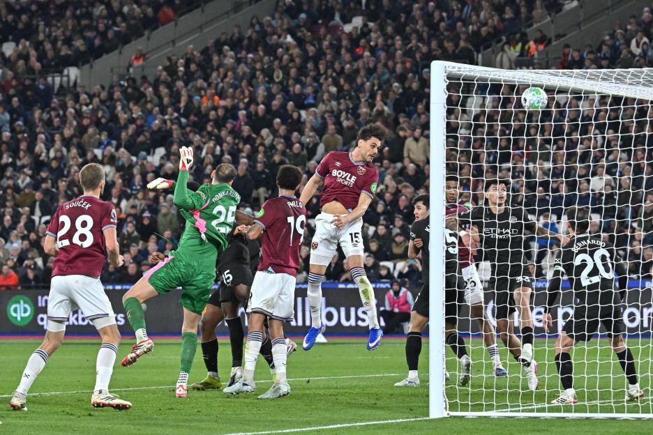 London, UK. 14th Mar, 2026. London Stadium Konstantinos Mavropanos of West Ham United scores from a header during the Premier League match between West Ham United and Manchester City at the London Stadium on March 14, 2026 in London, England. (Photo
