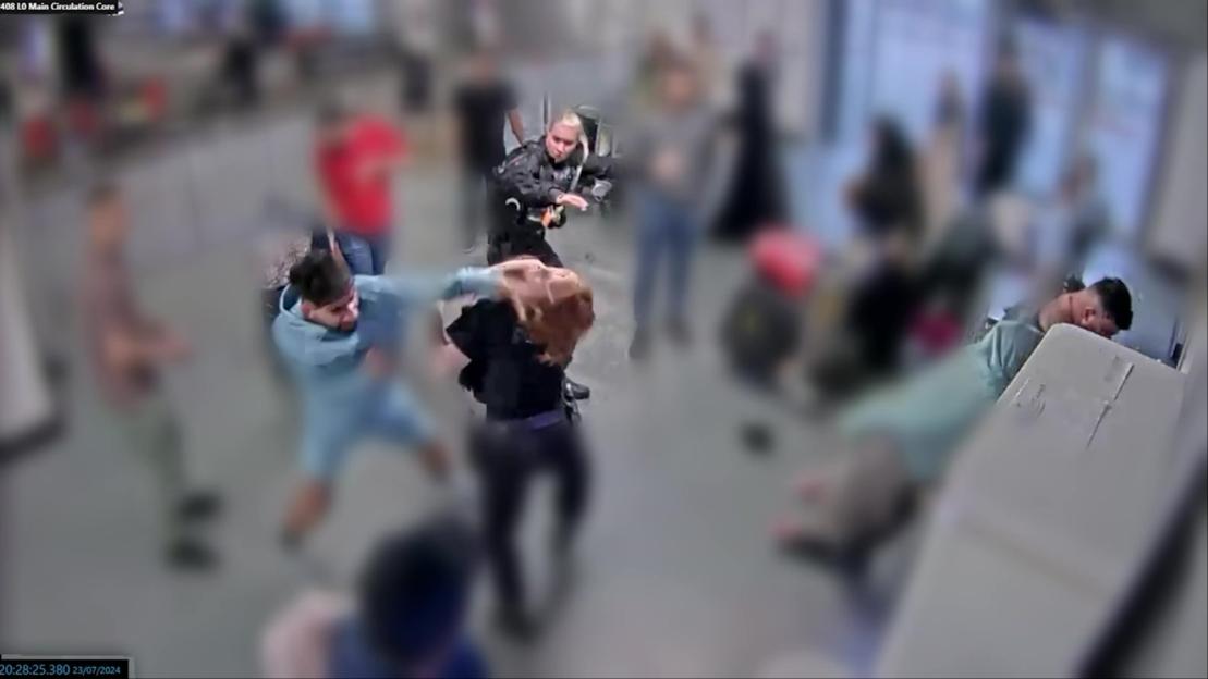 Footage from the trial of brothers Mohammed Fahir Amaaz and Muhammad Amaad, showing them allegedly assaulting police officers at Manchester Airport.