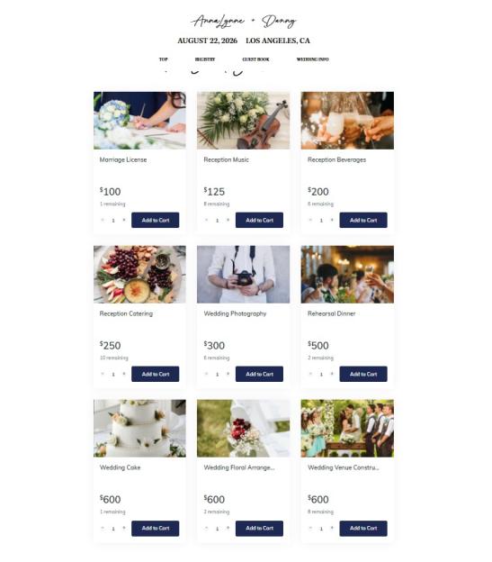 Wedding gift registry with various items for purchase including marriage license, reception music, beverages, catering, photography, rehearsal dinner, cake, floral arrangements, and venue construction.
