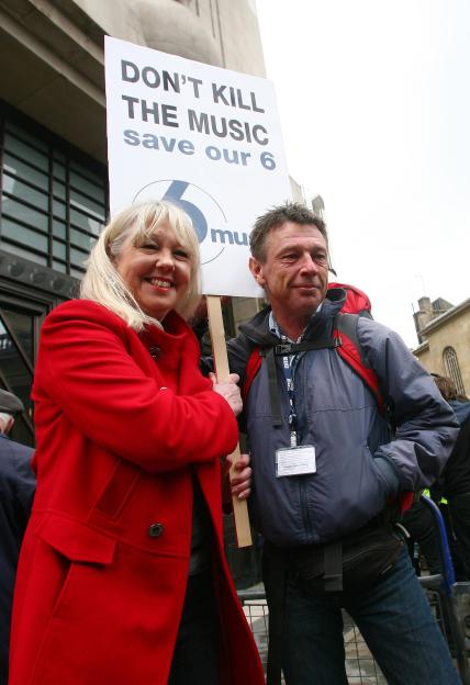 Liz Kershaw and Andy Kershaw protesting outside BBC Broadcasting House.
