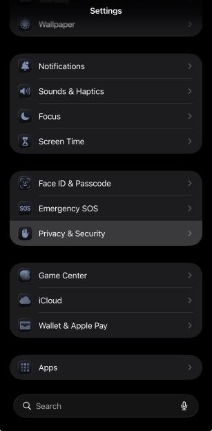 A screenshot of an iPhone settings menu, showing options like Notifications, Sounds & Haptics, Focus, Screen Time, Face ID & Passcode, Emergency SOS, Privacy & Security, Game Center, iCloud, Wallet & Apple Pay, and Apps.