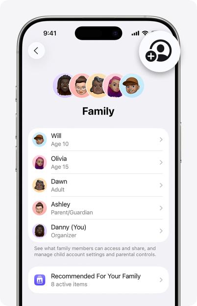 Illustration of a smartphone screen showing a "Family" settings page with a list of family members and options for managing accounts.