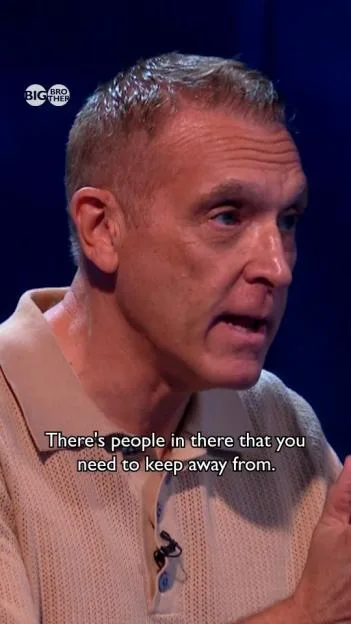 Rochelle Rackham's husband on Big Brother UK, speaking with the caption, "There's people in there that you need to keep away from."