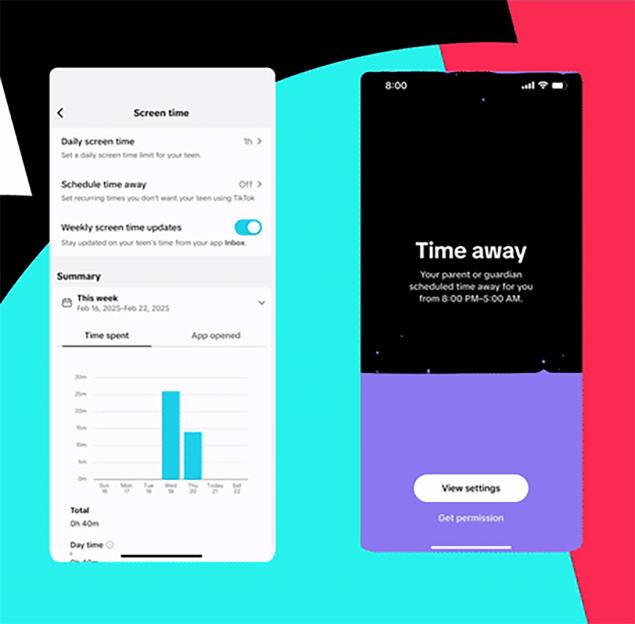 Illustration of TikTok's parental control features, showing screen time limits and "time away" settings.