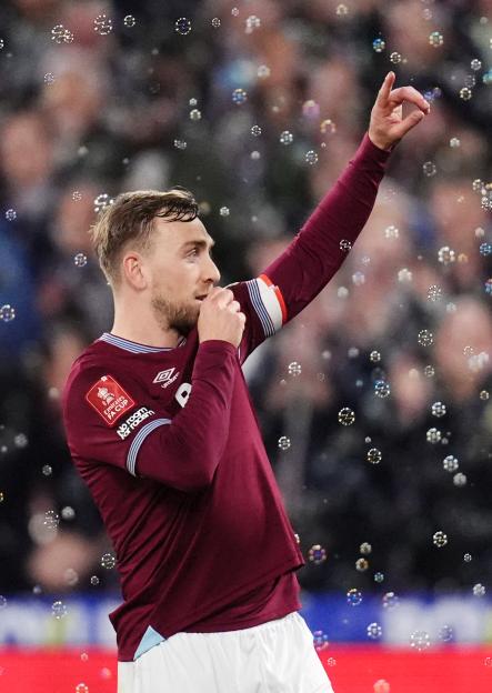 West Ham United's Jarrod Bowen celebrates scoring his side's second goal from a penalty.