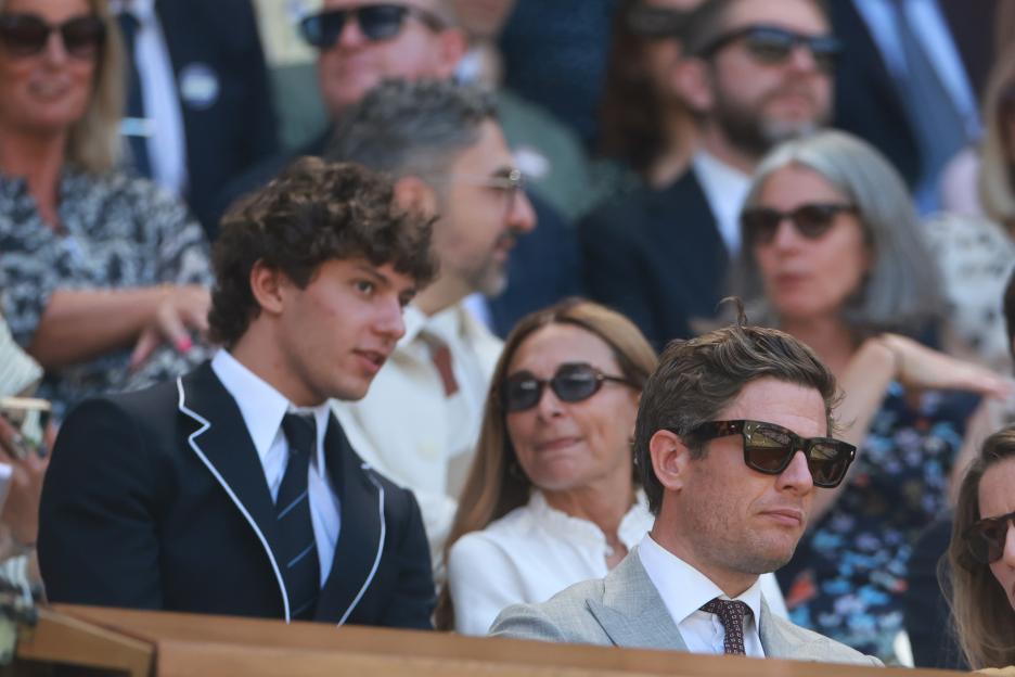 Italian racing driver Andrea Kimi Antonelli (left) and British actor James Norton (right) in the Royal Box at the Wimbledon Championships.