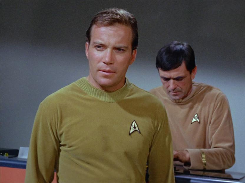 William Shatner as Captain Kirk and James Doohan as Scotty in Star Trek.