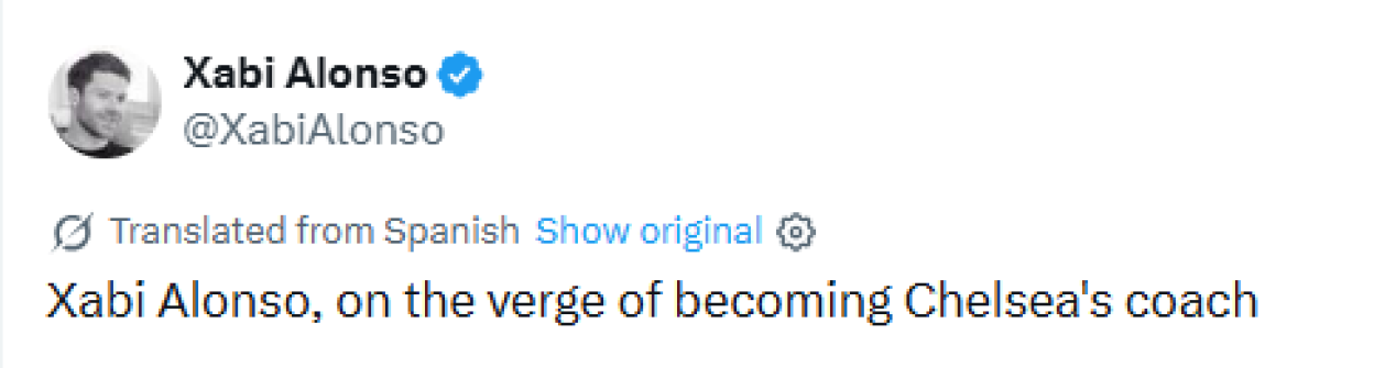 A screenshot of a tweet from Xabi Alonso about him being on the verge of becoming Chelsea's coach.
