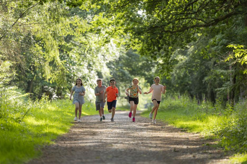 Five children running on a path in a forest.