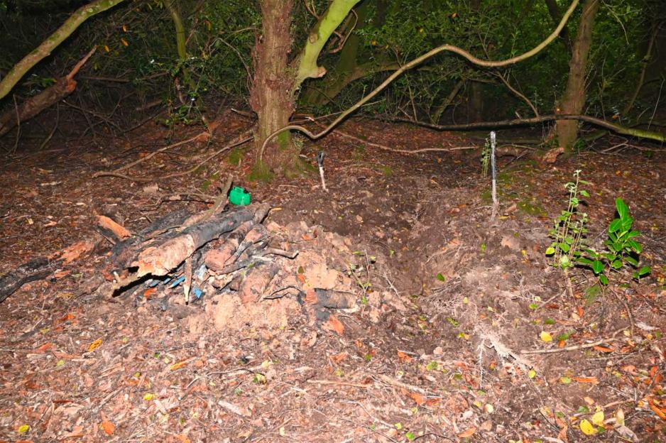 Shallow grave found near James Desborough's cabin in Paramoor Woods, Cornwall.