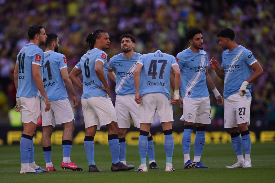 Man City players during the Emirates FA Cup Semi-Final match Manchester City vs Southampton at Wembley Stadium, London, United Kingdom on 25 April 2026 (Photo by Harvey Murphy/News Images) Credit: News Images LTD/Alamy Live News