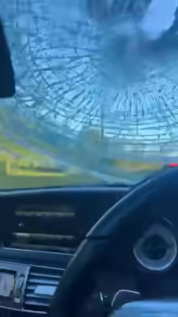 Shattered car windshield after a horse and buggy collision.