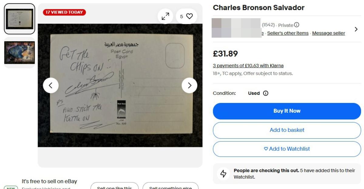 eBay listing for a postcard signed by Charles Bronson.