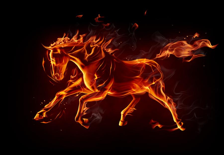 Illustration of a horse made of fire and smoke running against a dark background.