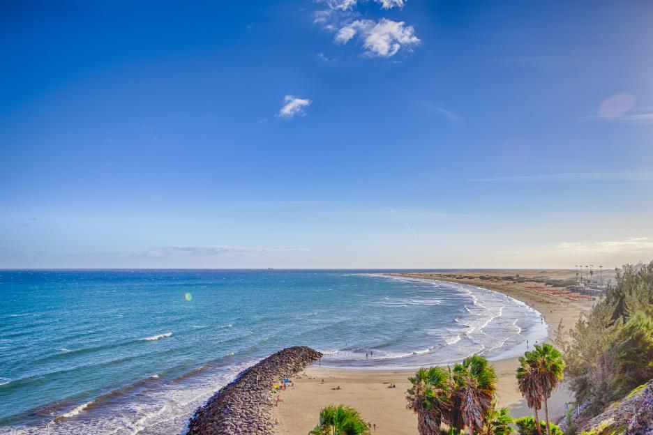 The Canary Islands Ideas. Picturesque View of Playa del Ingles Beach in Maspalomas With Sand Dunes and Palms Trees at Gran Canaria in Spain