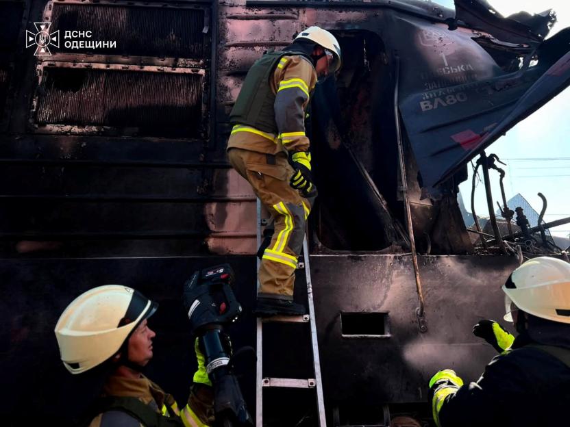 Aftermath of a Russian drone attack on a train in Odesa region