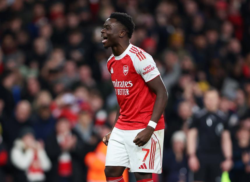 Arsenal player Bukayo Saka celebrates during a match against Wolverhampton Wanderers.