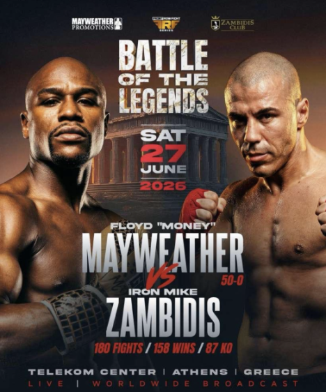 Promotional poster for the Mayweather vs. Zambidis "Battle of the Legends" fight on June 27, 2026.