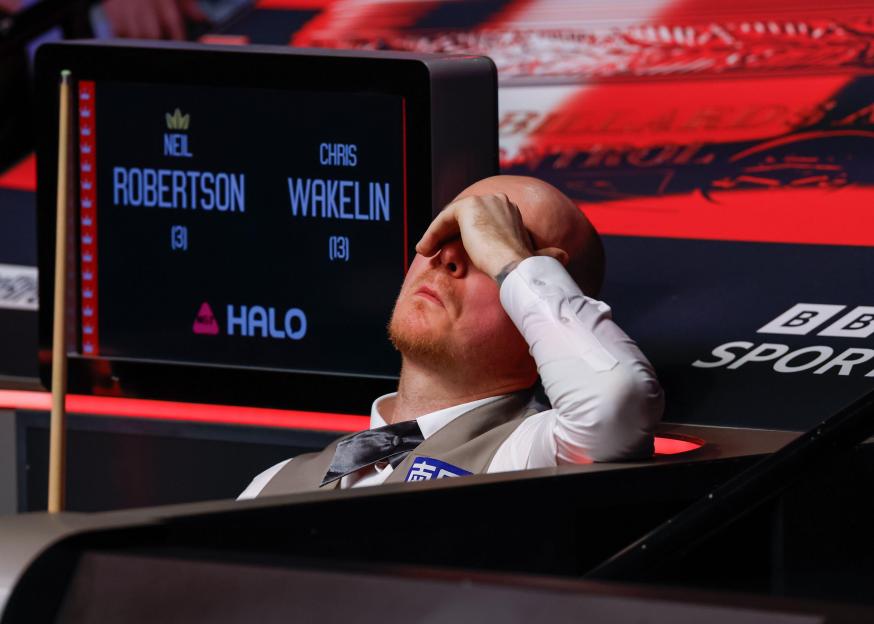 Sheffield, England, 26th April 2026. Chris Wakelin reacts during the Chris Wakelin vs Neil Robertson Halo World Championship 2026 match at The Crucible, Sheffield. Picture credit should read: Cody Froggatt / Sportimage
