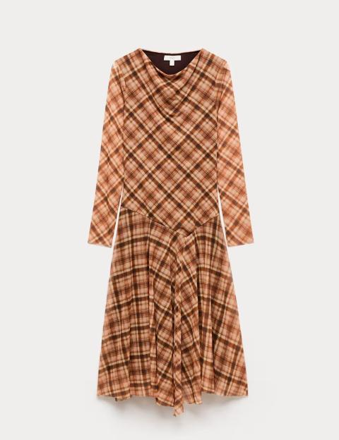 Brown and tan plaid cowl-neck midi dress.