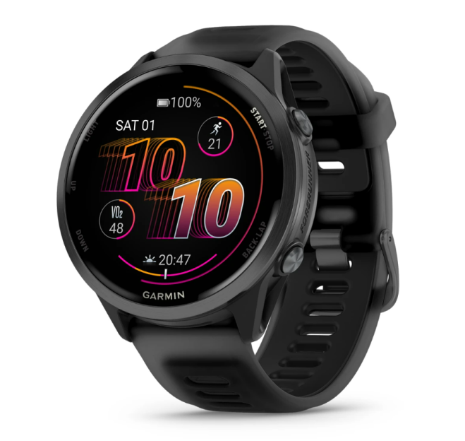 A black Garmin Forerunner smart watch with an active display showing "SAT 01," "10," "10," "VO2 48," "20:47," a battery icon at 100%, and a running icon with "21".