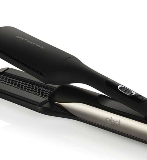 A black ghd hair straightener with "ghd duet style" written on the top panel and "ghd" on the bottom panel.