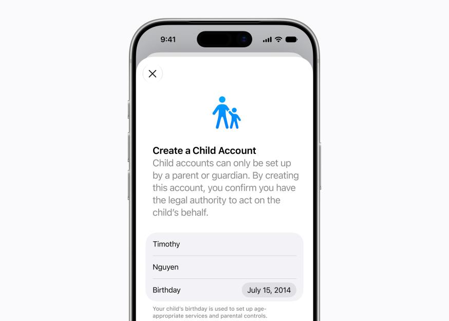 Illustration of a smartphone displaying the "Create a Child Account" screen, with fields for name and birthdate.