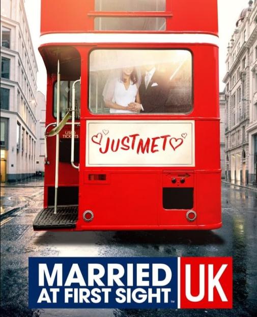 "Married at First Sight UK" promotional image featuring a newlywed couple in a red double-decker bus.