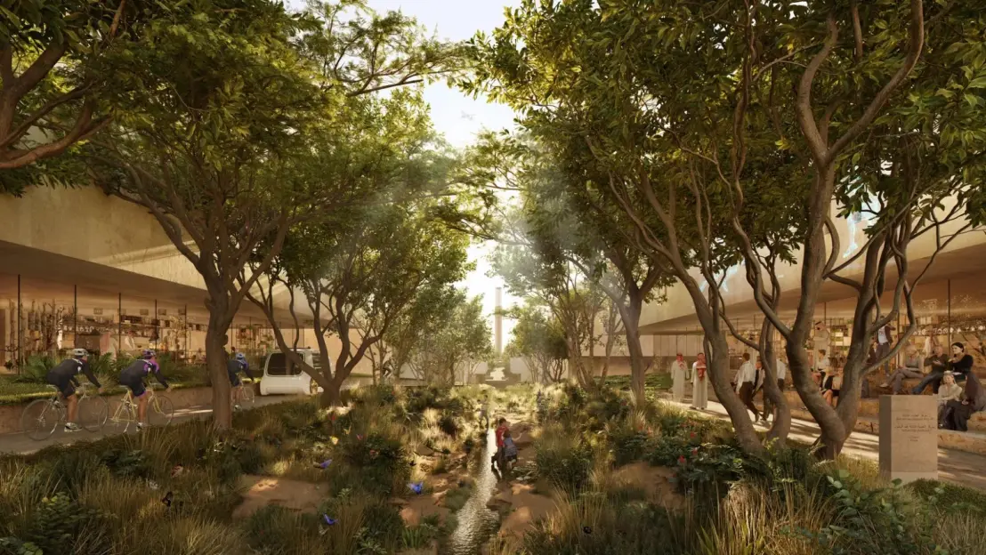 Illustration of people in a park-like urban setting with lush trees, a stream, and buildings.