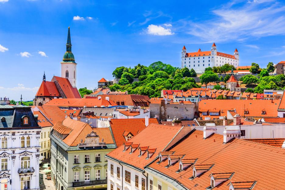 View of Bratislava Castle and St. Martin's Cathedral over the city's red-tiled roofs.