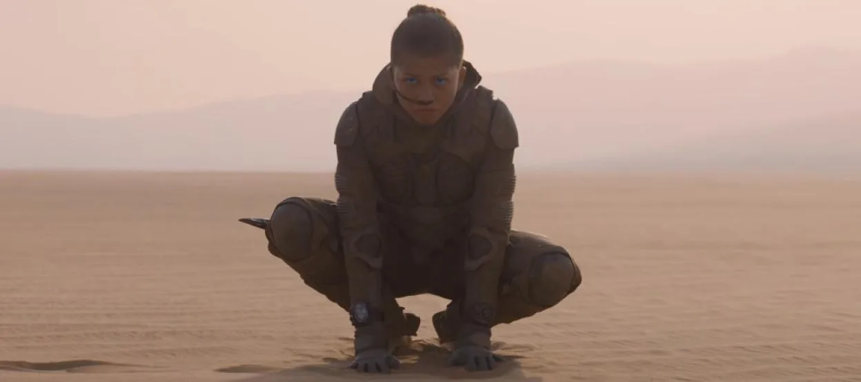 Zendaya crouching in the desert in a scene from the movie Dune.