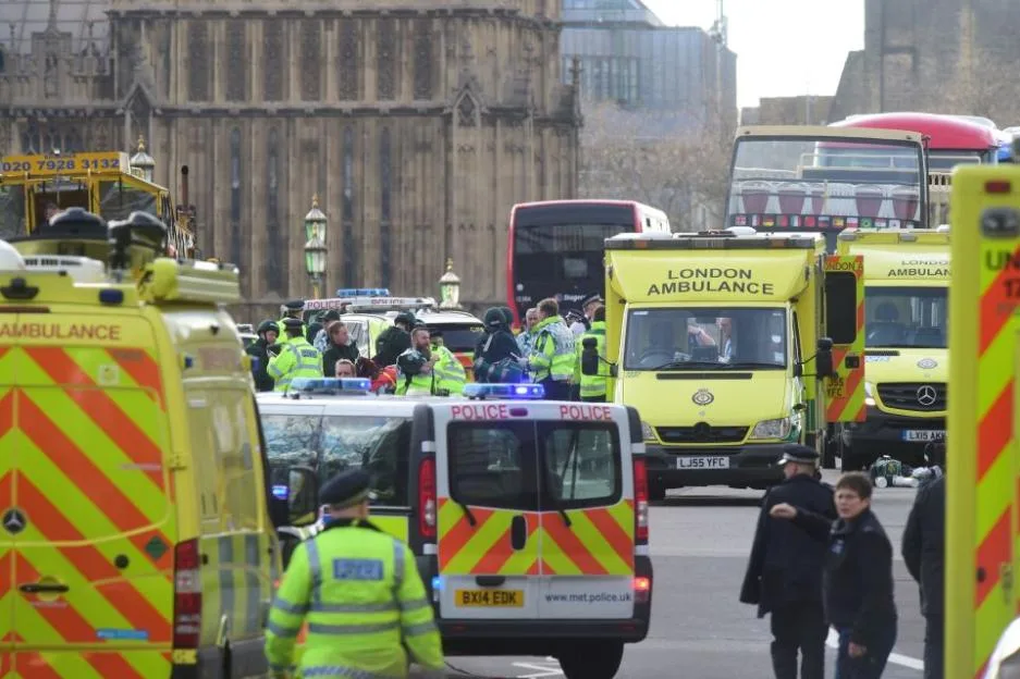 Emergency personnel on Westminster Bridge following the Westminster Bridge terror attack.