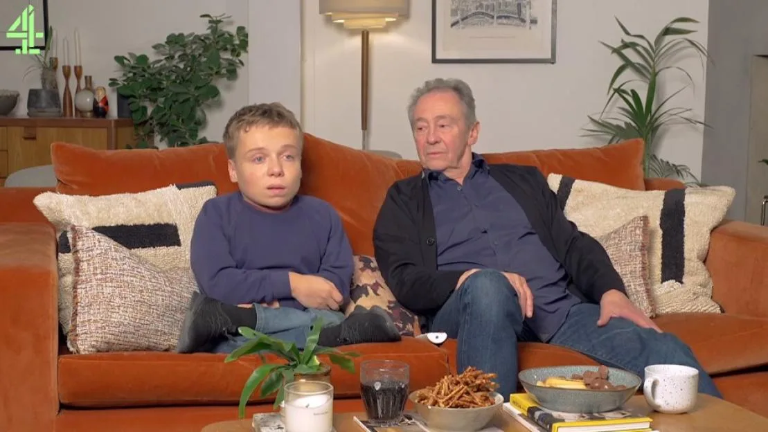 Lenny Rush and Paul Whitehouse sitting on a couch on Gogglebox.