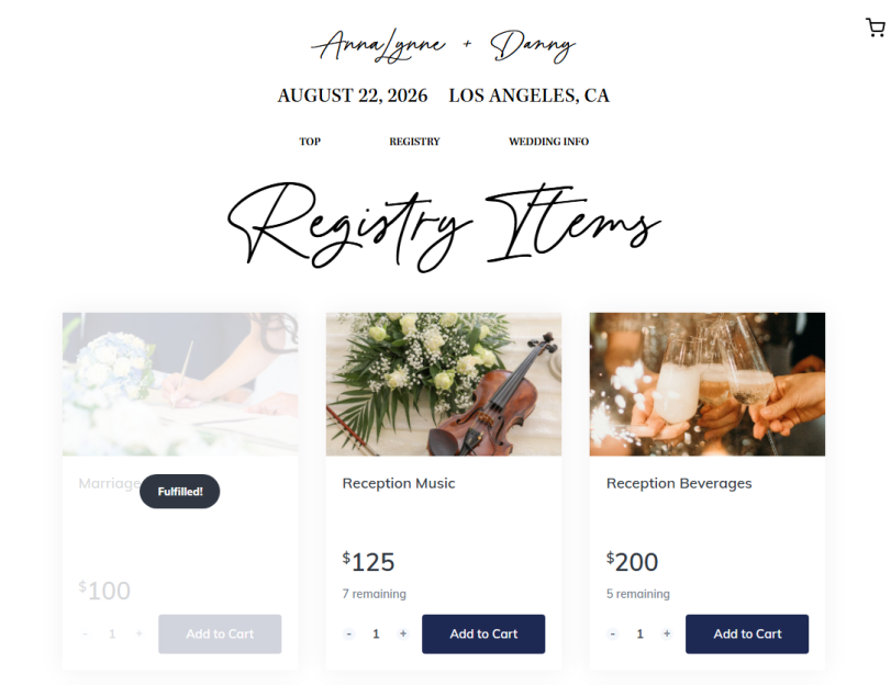 A wedding registry website for Annalynne and Danny showing "Registry Items" including "Marriage," "Reception Music," and "Reception Beverages."