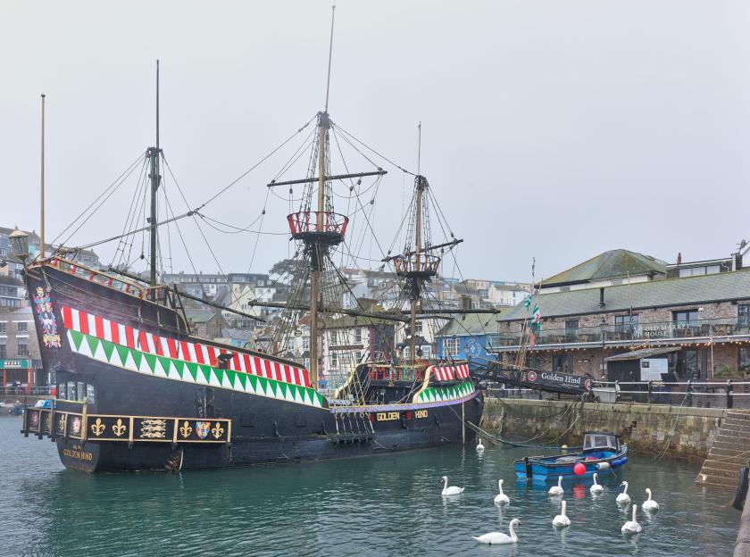 Replica of Francis Drake's Golden Hind sailing ship in Brixham, Devon.