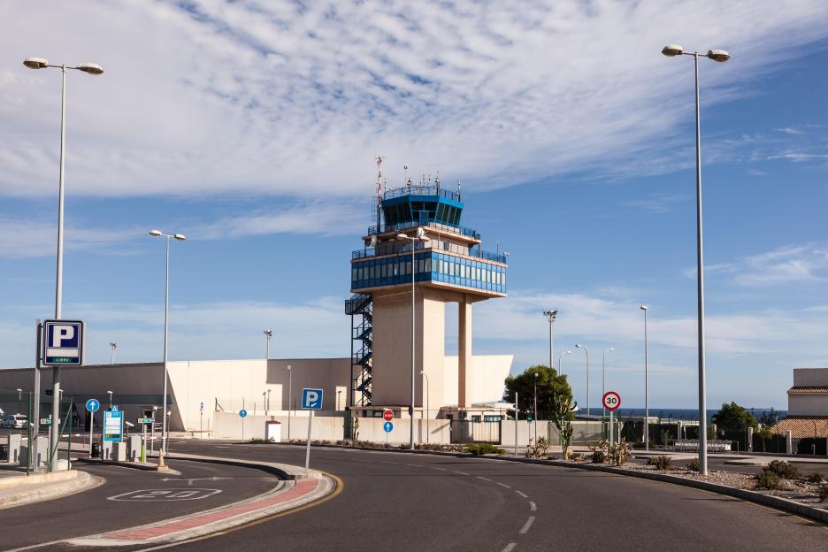 The control tower at Almeria International Airport in Andalusia, Spain.