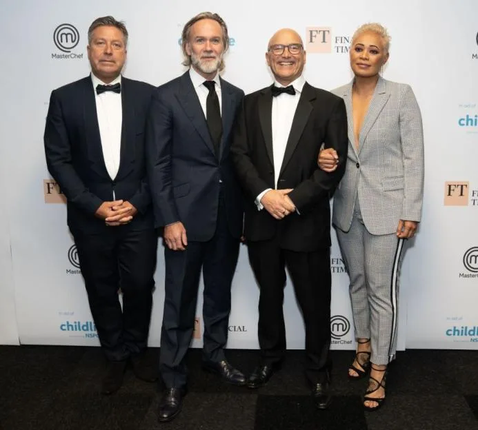 John Torode, Marcus Wareing, Gregg Wallace and Monica Galetti posing together.