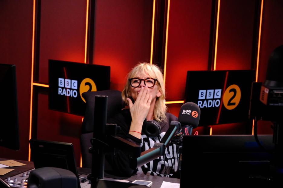 Zoe Ball blowing a kiss at BBC Broadcasting House.