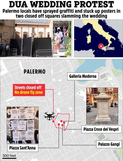 Collage of images and a map detailing a protest against a wedding in Palermo, including images of graffiti and posters.