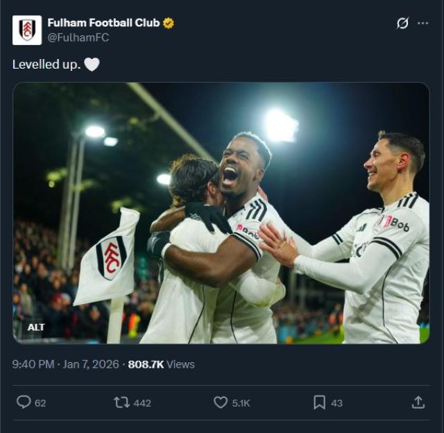 Fulham Football Club tweet showing three players in white uniforms celebrating on the field.